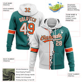 Custom Teal White-Orange Split Ripped Pattern Baseball Pullover Sweatshirt Hoodie