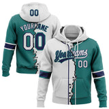 Custom Teal White-Navy Split Ripped Pattern Baseball Pullover Sweatshirt Hoodie
