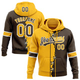 Custom Brown Gold-White Split Ripped Pattern Baseball Pullover Sweatshirt Hoodie
