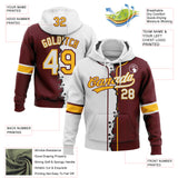 Custom Burgundy White-Gold Split Ripped Pattern Baseball Pullover Sweatshirt Hoodie