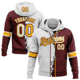 Custom Burgundy White-Gold Split Ripped Pattern Baseball Pullover Sweatshirt Hoodie