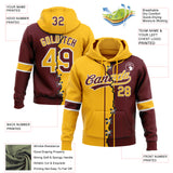 Custom Burgundy Gold-White Split Ripped Pattern Baseball Pullover Sweatshirt Hoodie