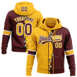 Custom Burgundy Gold-White Split Ripped Pattern Baseball Pullover Sweatshirt Hoodie