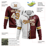 Custom Burgundy White-Old Gold Split Ripped Pattern Baseball Pullover Sweatshirt Hoodie