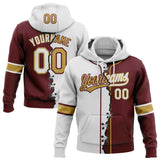 Custom Burgundy White-Old Gold Split Ripped Pattern Baseball Pullover Sweatshirt Hoodie