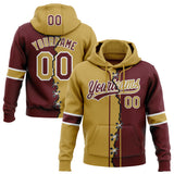 Custom Burgundy Old Gold-White Split Ripped Pattern Baseball Pullover Sweatshirt Hoodie