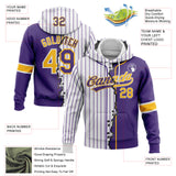 Custom White Purple Pinstripe-Gold Split Ripped Pattern Baseball Pullover Sweatshirt Hoodie
