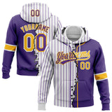 Custom White Purple Pinstripe-Gold Split Ripped Pattern Baseball Pullover Sweatshirt Hoodie