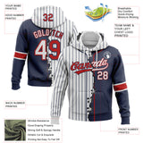 Custom White Navy Pinstripe-Red Split Ripped Pattern Baseball Pullover Sweatshirt Hoodie