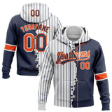 Custom White Navy Pinstripe-Orange Split Ripped Pattern Baseball Pullover Sweatshirt Hoodie