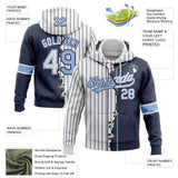Custom White Navy Pinstripe-Light Blue Split Ripped Pattern Baseball Pullover Sweatshirt Hoodie