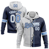 Custom White Navy Pinstripe-Light Blue Split Ripped Pattern Baseball Pullover Sweatshirt Hoodie