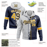 Custom White Navy Pinstripe-Gold Split Ripped Pattern Baseball Pullover Sweatshirt Hoodie