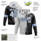 Custom White Black Pinstripe-Light Blue Split Ripped Pattern Baseball Pullover Sweatshirt Hoodie
