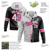 Custom White Black Pinstripe-Pink Split Ripped Pattern Baseball Pullover Sweatshirt Hoodie