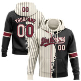 Custom Cream Black Pinstripe-Crimson Split Ripped Pattern Baseball Pullover Sweatshirt Hoodie
