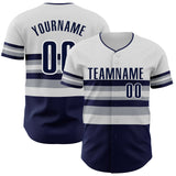 Custom White Navy-Gray Block Stripes Lines New York Style Authentic Baseball Jersey
