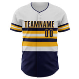 Custom White Navy-Gold Block Stripes Lines Milwaukee Style Authentic Baseball Jersey