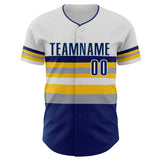 Custom White US Navy Blue Yellow-Gray Block Stripes Lines Indiana Style Authentic Baseball Jersey