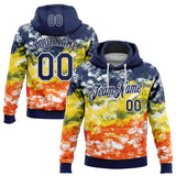 Custom Stitched Tie Dye Navy-White Watercolor Cloud Splash Pullover Sweatshirt Hoodie