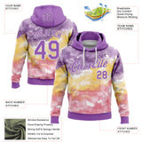 Custom Stitched Tie Dye Medium Purple-White Watercolor Cloud Splash Pullover Sweatshirt Hoodie