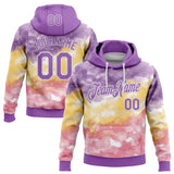 Custom Stitched Tie Dye Medium Purple-White Watercolor Cloud Splash Pullover Sweatshirt Hoodie