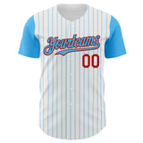 Custom White Sky Blue Pinstripe Red Authentic Two Tone Baseball Jersey