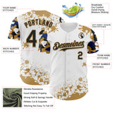 Custom White Black Old Gold-Blue Splatter Camo Two Tone Authentic Baseball Jersey