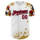 Custom White Red Navy-Old Gold Splatter Camo Two Tone Authentic Baseball Jersey