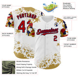 Custom White Red Navy-Old Gold Splatter Camo Two Tone Authentic Baseball Jersey