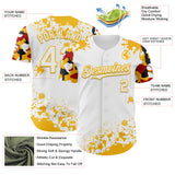 Custom White Gold Red-Black Splatter Camo Two Tone Authentic Baseball Jersey