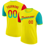 Custom Light Yellow Fire Red Aqua-Neon Green Gradient Two Tone Performance T-Shirt