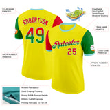Custom Light Yellow Fire Red Grass Green-Ice Blue Gradient Two Tone Performance T-Shirt