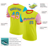 Custom Neon Yellow Lakes Blue Light Pink-Fire Red Gradient Two Tone Performance T-Shirt