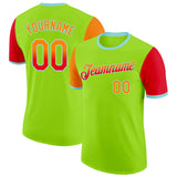 Custom Neon Green Bay Orange Fire Red-Ice Blue Gradient Two Tone Performance T-Shirt