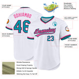 Custom White Teal Black-Pink Authentic Throwback Baseball Jersey