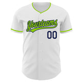 Custom White Neon Green-Navy Authentic Baseball Jersey