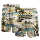 Custom Cream Black 3D Pattern Hawaii Palm Trees And Island Authentic Basketball Shorts
