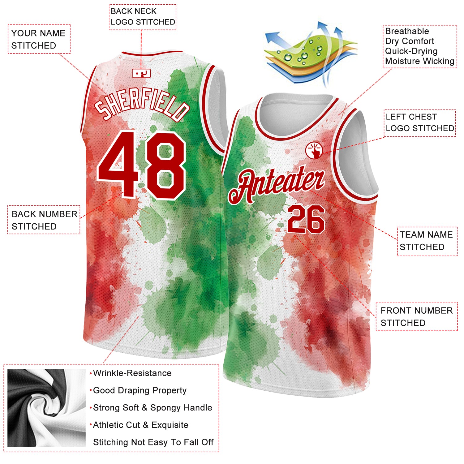 Custom Kelly Green Red-White 3D Mexico Watercolored Splashes Grunge Design Authentic Basketball Jersey