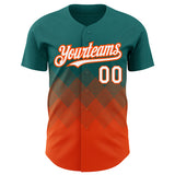 Custom Teal White-Orange 3D Pattern Design Gradient Square Shapes Authentic Baseball Jersey