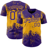 Custom Purple Gold 3D Pattern Design Abstract Splatter Grunge Art Authentic Baseball Jersey