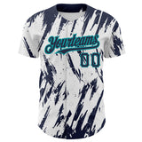 Custom White Navy-Teal 3D Pattern Design Abstract Sharp Shape Authentic Baseball Jersey
