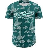 Custom Teal White 3D Pattern Design Boats And Fish Authentic Baseball Jersey
