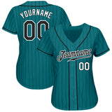 Custom TealBlack Pinstripe Black-White Authentic Baseball Jersey