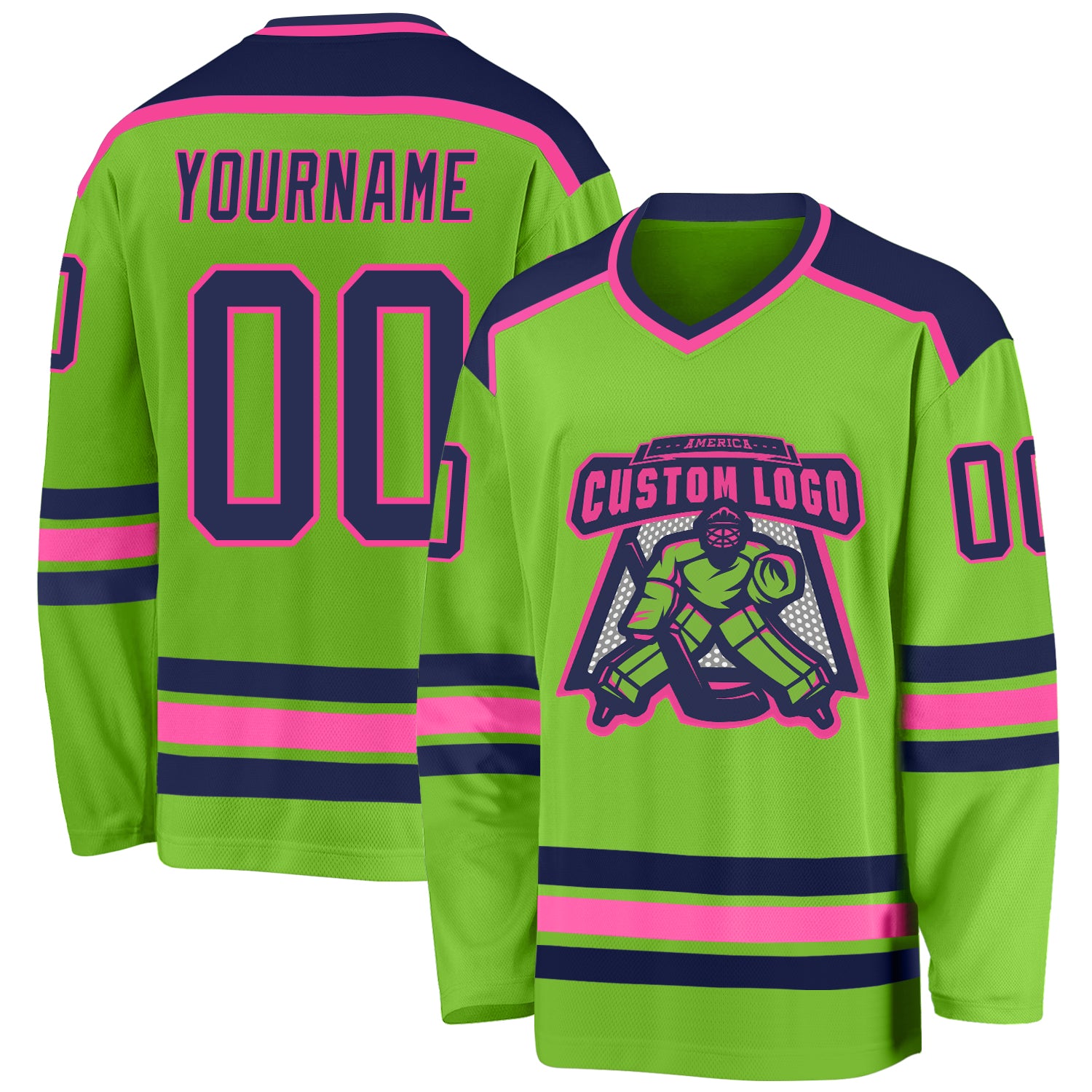 Custom Neon Green Navy-Pink Hockey Jersey