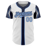 Custom White Light Blue-Navy 3 Colors Arm Shapes Authentic Baseball Jersey