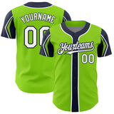 Custom Neon Green White-Navy 3 Colors Arm Shapes Authentic Baseball Jersey