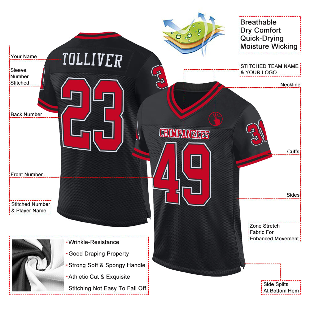Custom Black Red-White Mesh Authentic Throwback Football Jersey