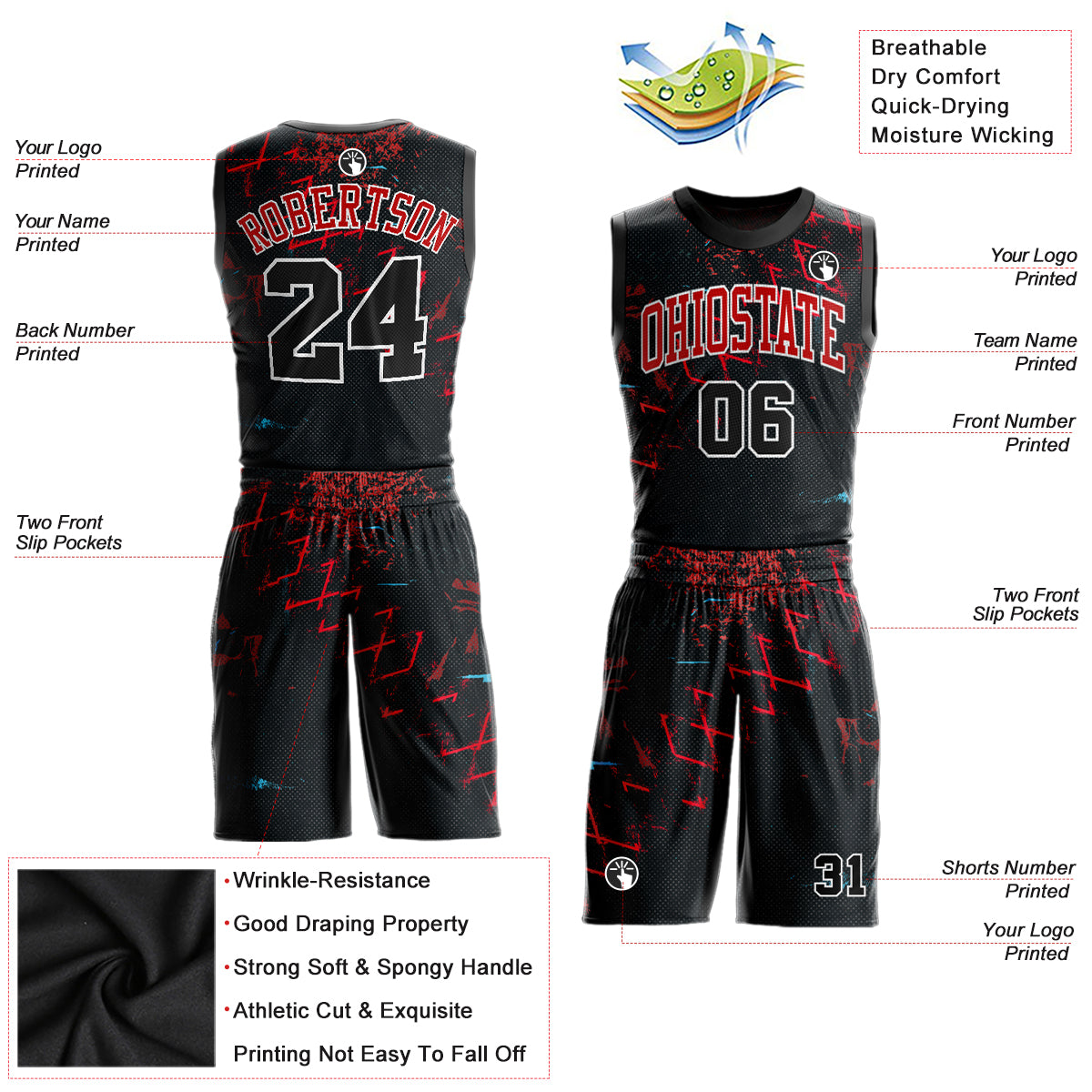 Custom Black Black-Red Round Neck Sublimation Basketball Suit Jersey