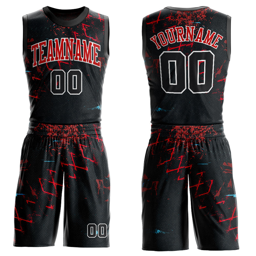 Custom Black Black-Red Round Neck Sublimation Basketball Suit Jersey